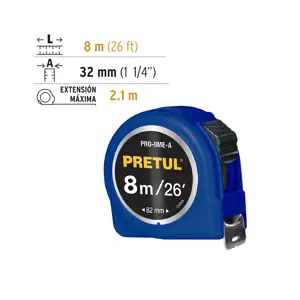 Flexómetro azul 8 m cinta 25 mm, en tarjeta, PRETUL