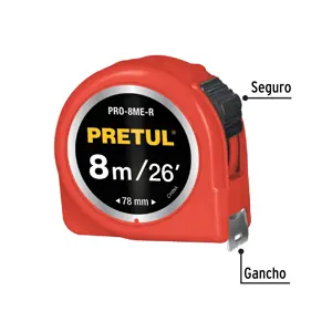 Flexómetro rojo 8 m cinta 25 mm, en tarjeta, PRETUL