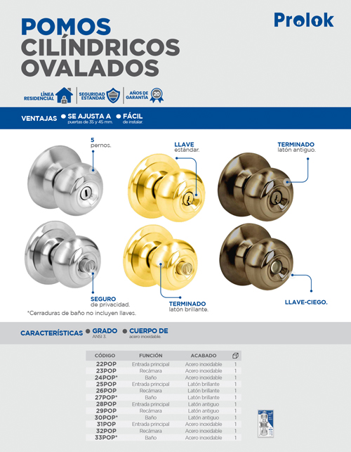 Prolok-22POP / 22POP TRUPER Pomo cilíndrico ovalado función entrada ...