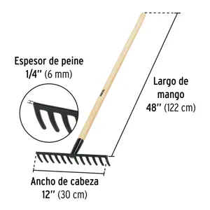 Rastrillo recto de 12 dientes, mango de 48