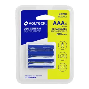 Volteck Blíster con 4 pilas AAA recargables uso general, 600 mAh