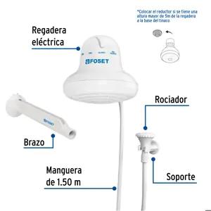 Regadera eléctrica, 4 temperaturas, 16.5cm, blanca, Foset