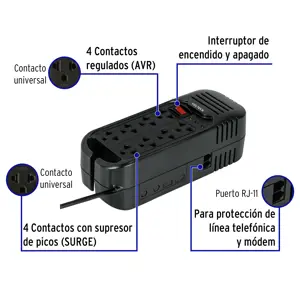 Regulador de voltaje de 1600 VA / 800 W 8 contactos, Volteck