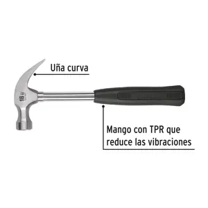 Martillo pulido, 16 oz, uña curva, mango tubular, Pretul