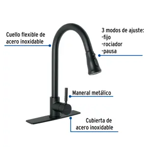 Foset Monomando para fregadero,cuello extraible,negro mate,Tubig