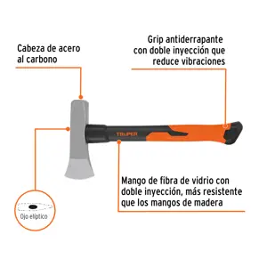 Truper Hacha para rajar madera 3 lb, mango fibra de vidrio 16