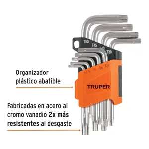 Juego de 9 llaves torx con organizador abatible, TRUPER