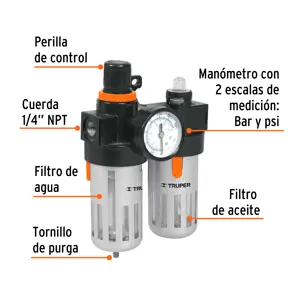 Filtro y regulador de aire con módulo de lubricación, Truper