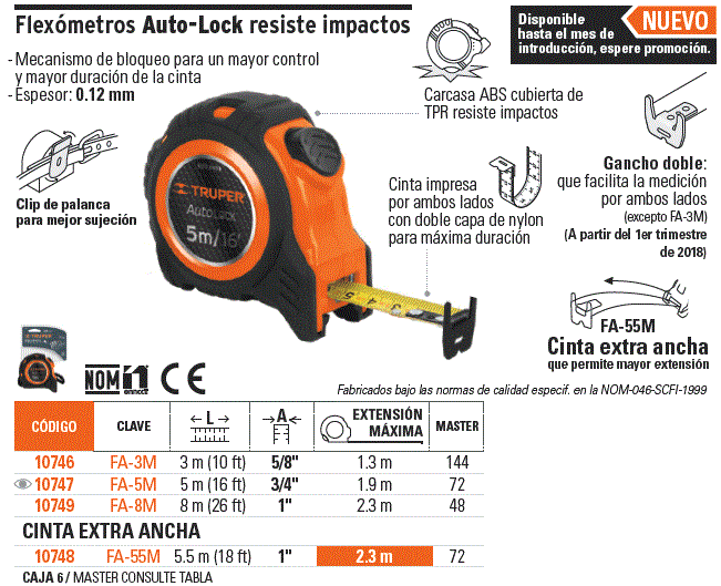 Flexómetro Auto-Lock TRUPER contra impactos 8 metros, cinta de 25 mm Mod.  FA-8M