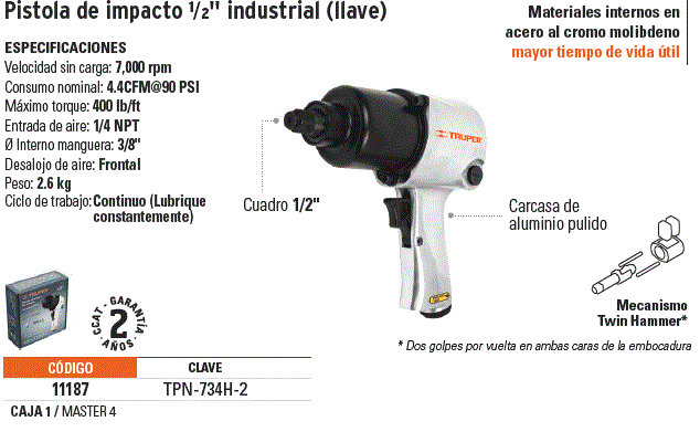 Llave de impacto neumática 1/2 , industrial, Truper, Pistolas De Impacto,  11187