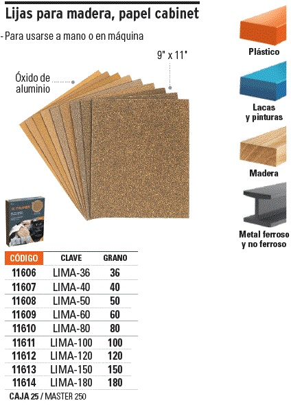 11607 / LIMA-40 TRUPER Lija para madera papel cabinet, grano 40, Truper
