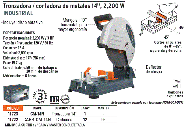 Tronzadora / cortadora de metales 14 , mango en D , 2200 W, Cortadoras y Tronzadora  De Metales, 11723
