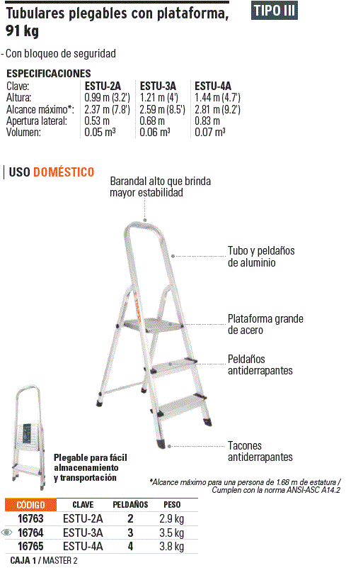 Escalera tubular plegable, 3 peldaños, aluminio, Truper ESTU-3A 16764 –  Mundo Constructor