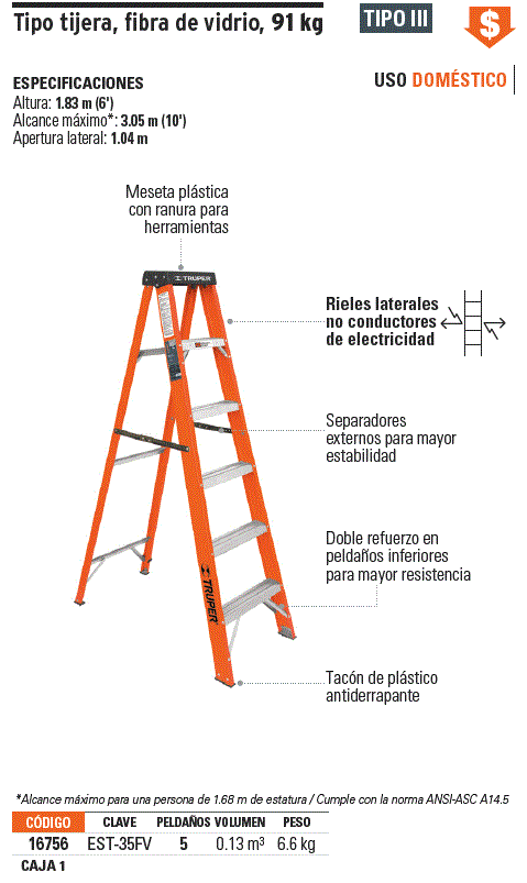 16756 Est 35fv Truper Escalera De Tijera Tipo Iii 5 Peldaños Fibra De Vidrio